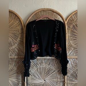 Embellished Black Floral Cropped Cardigan